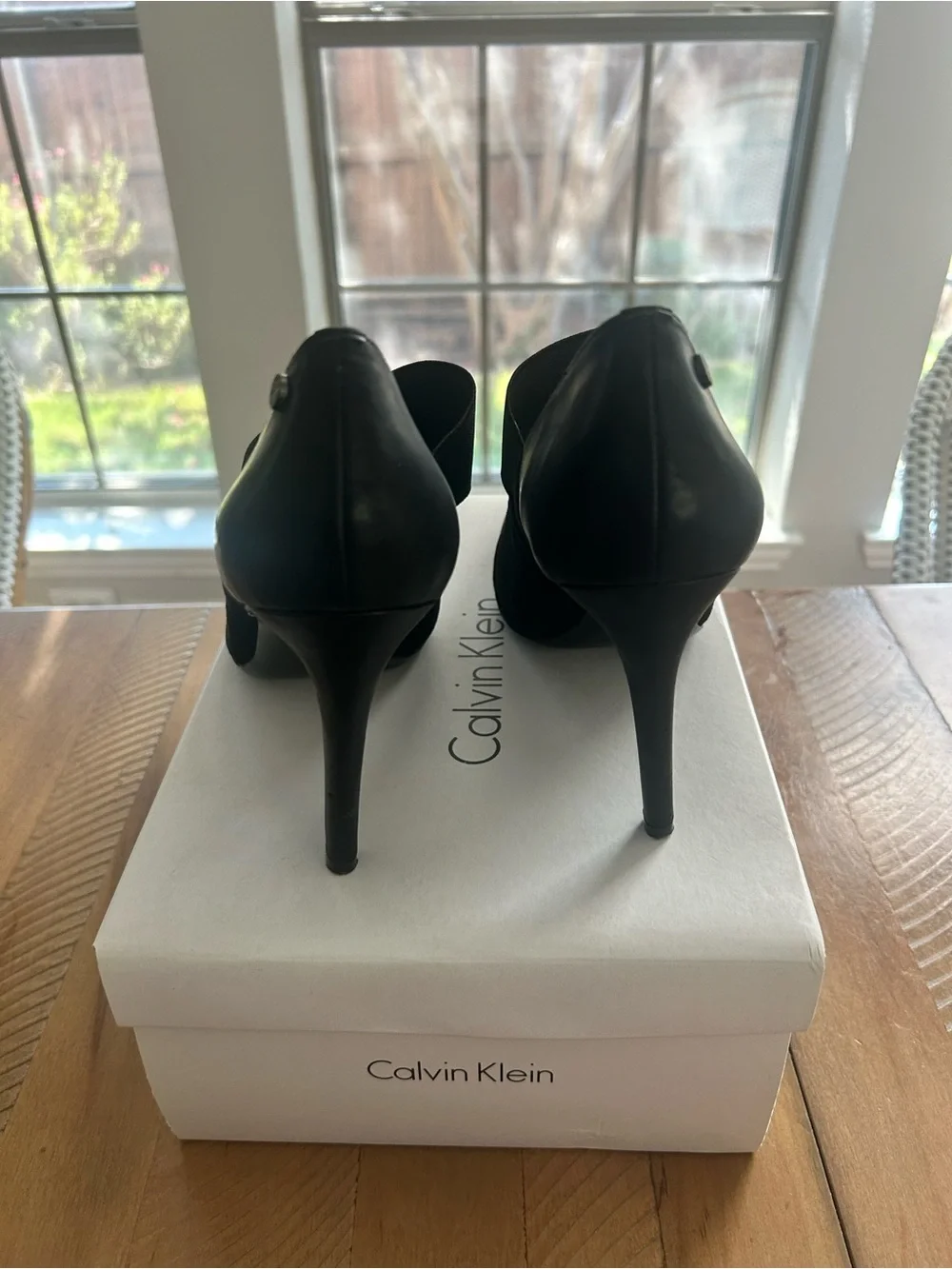 Calvin Klein Black Pointed Toe Stiletto Pumps with Wide Elastic Strap